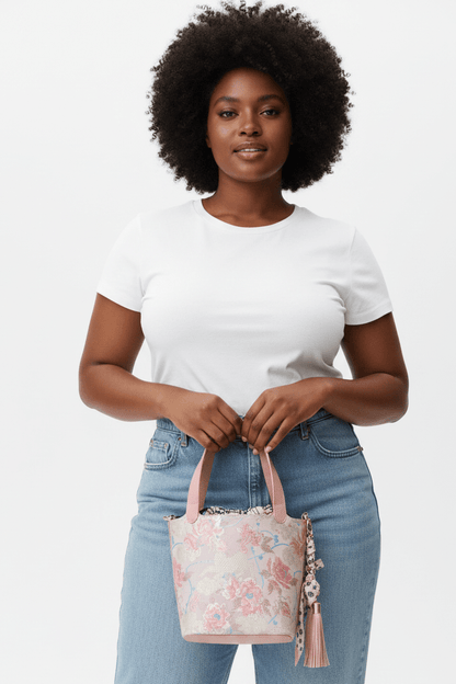Pink Floral Dragon Jacquard Bucket Bag - House of FaSHUN by Shun Melson