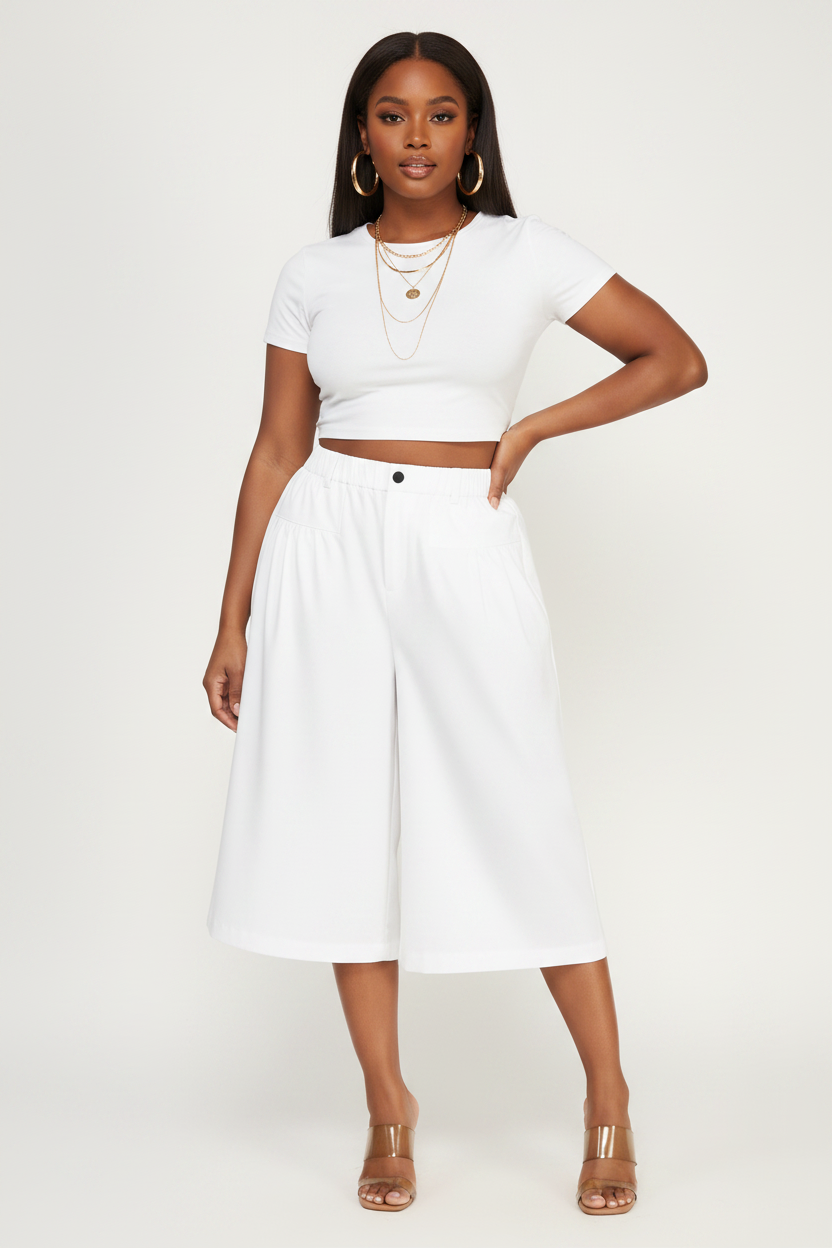 Pleated Cropped Wide Leg Culotte Pants - White Curvy Model