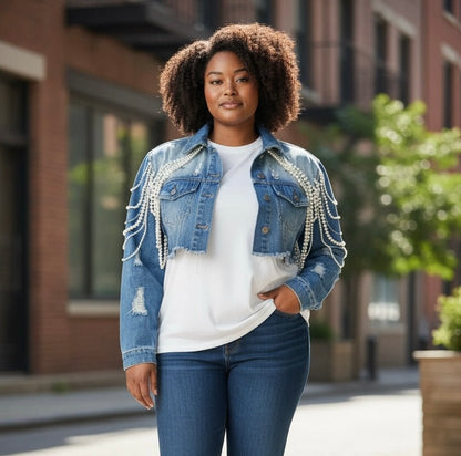 PREORDER Pearl Denim Cropped Jacket - House of FaSHUN by Shun Melson