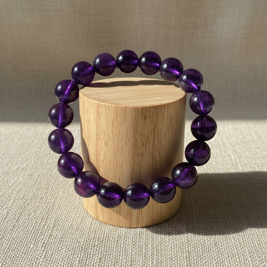Purple amethyst bracelet on wood cylinder stand