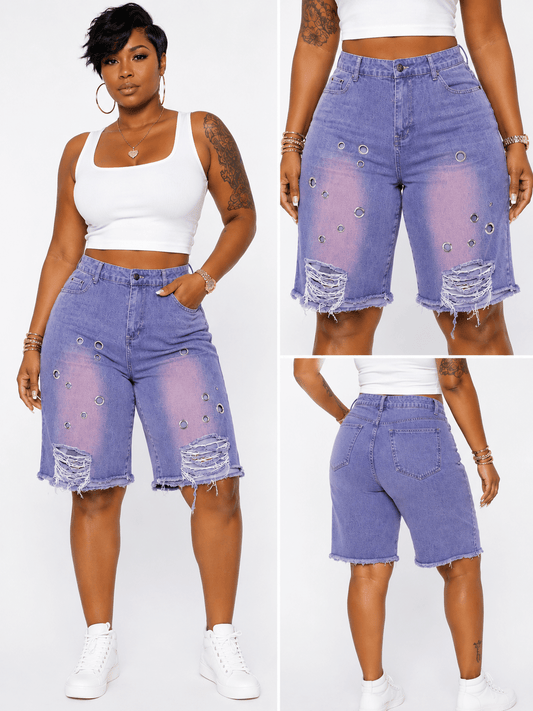 Purple Grommet Distressed Shorts - House of FaSHUN by Shun Melson