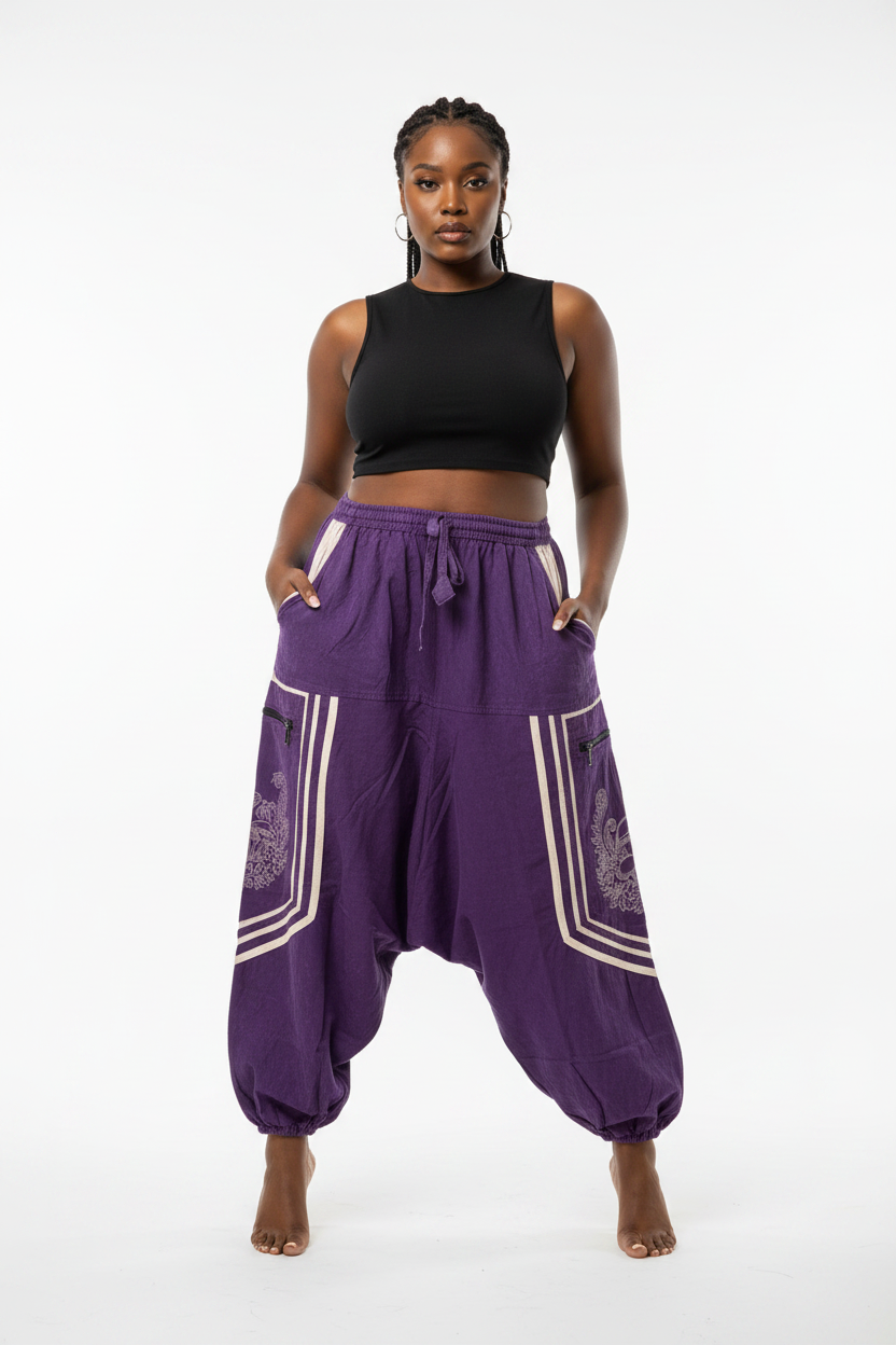 Purple Harem Pants on Black Curvy Model