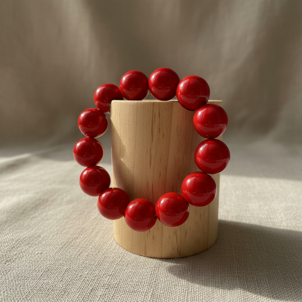 Red bracelet on wood cylinder stand