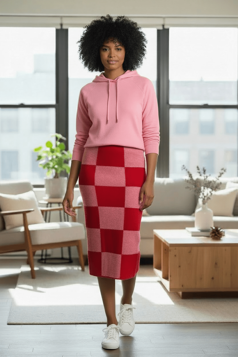 Red Pink Checkered Skirt - House of FaSHUN by Shun Melson