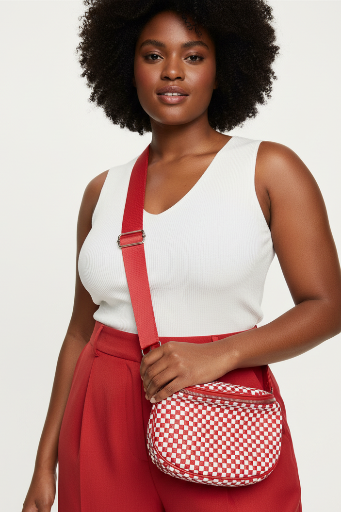 Red & White Woven Crossbody - Curvy Black Model