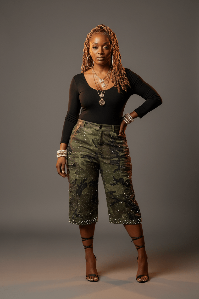 Rhinestone Camo Jorts - House of FaSHUN by Shun Melson