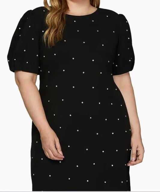 Rhinestone Studded Babydoll Dress PLUS - House of FaSHUN by Shun Melson