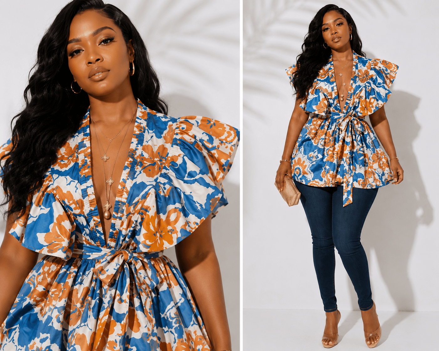 Ruffle Cognac Teal Blouse - House of FaSHUN by Shun Melson