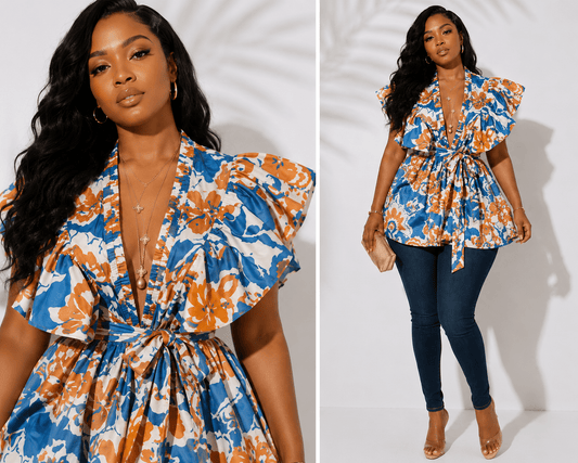 Ruffle Cognac Teal Blouse - House of FaSHUN by Shun Melson