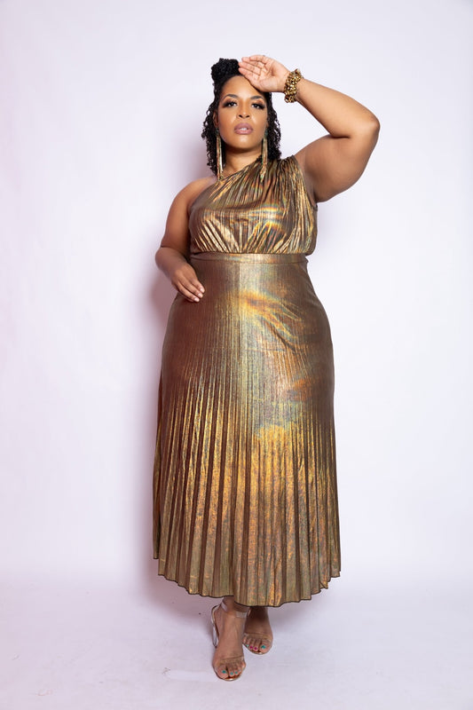 The Goddess Metallic Off the Shoulder Dress - House of FaSHUN by Shun Melson