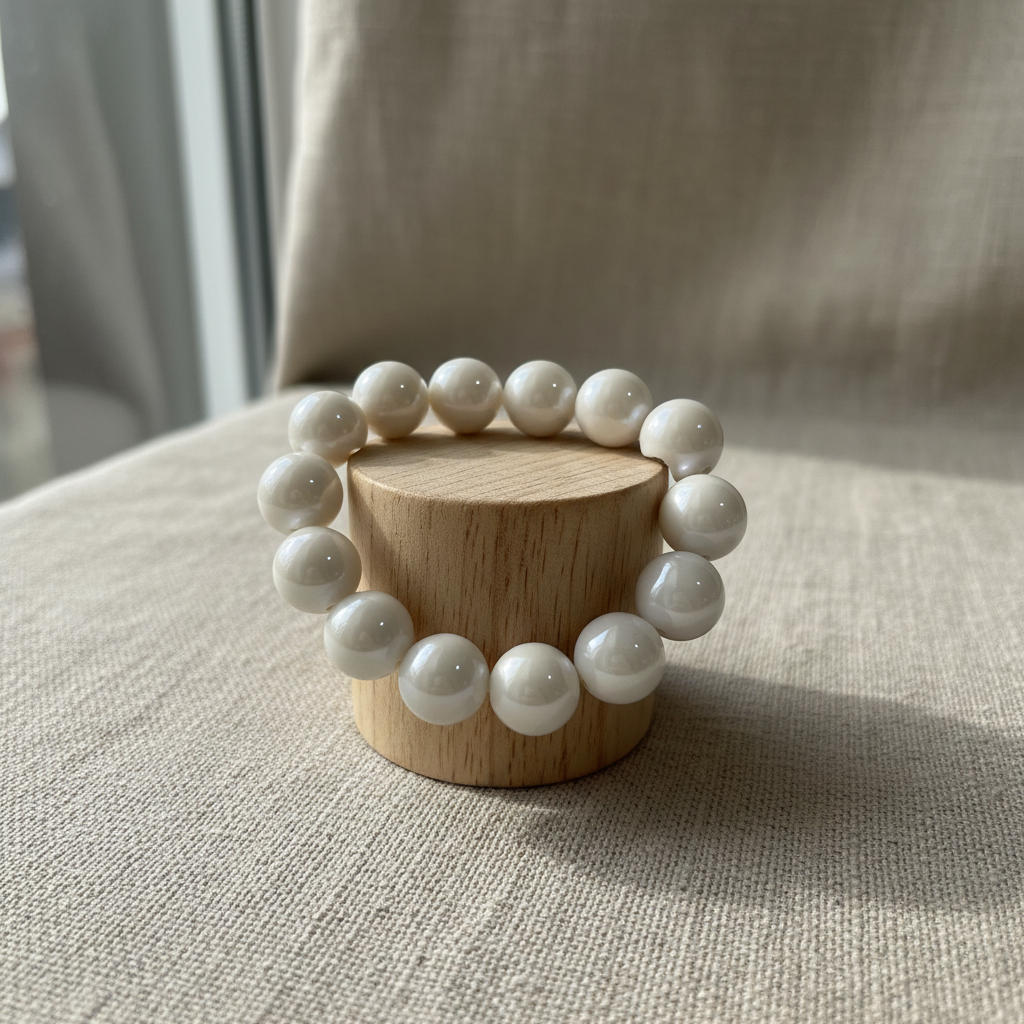 White pearlescent bracelet on wood cylinder stand