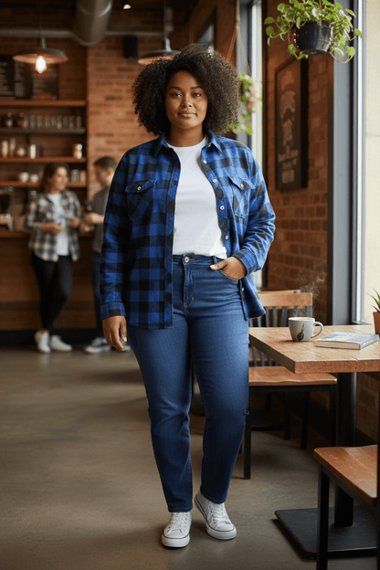 Women's Buffalo Plaid Button Down Shirt - House of FaSHUN by Shun Melson